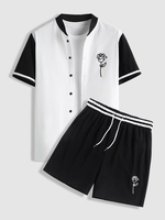 Ensemble de Chemise de Base-ball Rose Brodée en Couleur Jointive et de Short Décontracté Taille unique Blanc