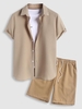 Ensemble de Chemise de Base Texturée en Couleur Unie à Manches Courtes et de Short Décontracté Taille unique Café lumière