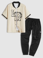 Ensemble de Chemise de Baseball à Lettre LOS ANGELES et Pantalon Cargo Taille unique Café lumière