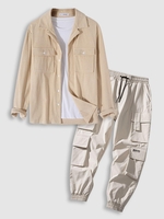Ensemble de Chemise de Jogging Multi-Poches à Rabat et de Pantalon Cargo Vêtements Techniques Taille unique Café lumière