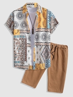 Ensemble de Chemise de Vacance à Imprimé Floral Rétro et Short Bermuda Multi-poches Taille unique Café lumière