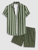 Ensemble de Chemise de Vacances à Manches Courtes à Rayure Verticale et de Short Cargo à Cordon Taille unique Vert profond
