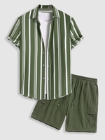 Ensemble de Chemise de Vacances à Manches Courtes à Rayure Verticale et de Short Cargo à Cordon Taille unique Vert profond