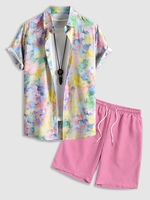 Ensemble de Chemise de Vacances Décontractée Teintée à Manches Courtes et de Short de Couleur Unie Taille unique Rose clair