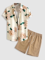 Ensemble de Chemise de Vacances Motif Fleuri à Manches Courtes et de Short Décontracté Taille unique Café lumière