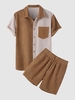 Ensemble de Chemise en Blocs de Couleurs à Manches Courtes avec Poche en Avant et de Short à Cordon Taille unique Café