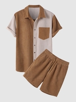 Ensemble de Chemise en Blocs de Couleurs à Manches Courtes avec Poche en Avant et de Short à Cordon Taille unique Café