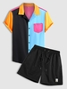 Ensemble de Chemise en Blocs de Couleurs avec Poche en Satin et de Short Décontracté Taille unique Noir