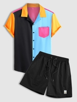 Ensemble de Chemise en Blocs de Couleurs avec Poche en Satin et de Short Décontracté Taille unique Noir