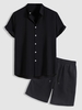 Ensemble de Chemise en Couleur Unie à Manches Courtes à Col Debout et de Short Décontracté Taille unique Noir
