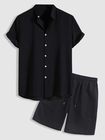 Ensemble de Chemise en Couleur Unie à Manches Courtes à Col Debout et de Short Décontracté Taille unique Noir
