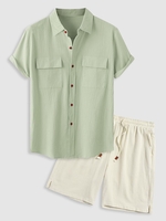 Ensemble de Chemise en Couleur Unie à Manches Courtes et de Short Bermudas de Vacances avec Poches Taille unique Multi a