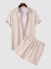 Ensemble de Chemise en Couleur Unie à Manches Courtes et de Short Décontracté Deux Pièces L Abricot