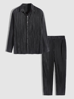 Ensemble de Chemise en Couleur Unie à Manches Longues à Ourlet Effrangé et de Pantalon Deux Pièces Taille unique Noir