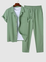 Ensemble de Chemise en Couleur Unie avec Bouton en Avant et de Pantalon Décontracté L Vert clair