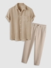 Ensemble de Chemise en Velours Côtelé à Manches Courtes avec Poches et Pantalon de Travail Taille unique Café lumière