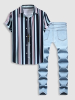 Ensemble de Chemise et de Jean Déchiré Rayure Verticale Détaillé Taille unique Multi a