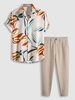 Ensemble de Chemise Hawaiienne à Imprimé Feuilles et Pantalon Fuselé Deux Pièces Taille unique Café lumière
