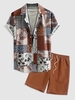 Ensemble de Chemise Jointive à Imprimé Fleurie à Manches Courtes et de Short Décontracté Taille unique Café