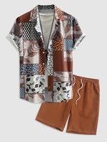 Ensemble de Chemise Jointive à Imprimé Fleurie à Manches Courtes et de Short Décontracté Taille unique Café