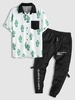 Ensemble de Chemise Motif de Cactus en Couleur Jointive à Manches Courtes et de Pantalon Cargo de Jogging Taille unique Vert