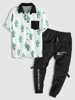 Ensemble de Chemise Motif de Cactus en Couleur Jointive à Manches Courtes et de Pantalon Cargo de Jogging Taille unique Vert