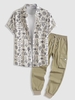 Ensemble de Chemise Motif de Cactus et de Soleil à Manches Courtes et Pantalon Cargo avec Poche à Rabat et Cordon Taille unique Café lumière