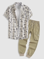Ensemble de Chemise Motif de Cactus et de Soleil à Manches Courtes et Pantalon Cargo avec Poche à Rabat et Cordon Taille unique Café lumière
