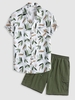 Ensemble de Chemise Motif de Feuille à Manches Courtes et de Short Décontracté Taille unique Vert