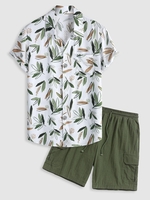 Ensemble de Chemise Motif de Feuille à Manches Courtes et de Short Décontracté Taille unique Vert