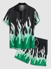 Ensemble de Chemise Motif de Flamme à Manches Courtes et de Short de Plage Taille unique Vert profond