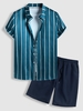 Ensemble de Chemise Motif Rayé à Manches Courtes en Satin et de Short de Base Décontracté en Couleur Unie Taille unique Bleu profond