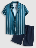 Ensemble de Chemise Motif Rayé à Manches Courtes en Satin et de Short de Base Décontracté en Couleur Unie Taille unique Bleu profond
