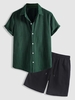 Ensemble de Chemise Motif Rayé à Manches Courtes et de Short de Base Taille unique Vert profond