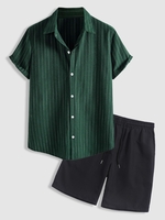 Ensemble de Chemise Motif Rayé à Manches Courtes et de Short de Base Taille unique Vert profond
