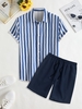 Ensemble de Chemise Motif Rayé Aquarelle à Manches Courtes et de Short de Base Décontracté Taille unique Bleu