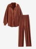 Ensemble de Chemise Plissée Boutonnée en Couleur Unie et de Pantalon Taille unique Café profond