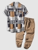 Ensemble de Chemise Plissée Ethnique Imprimée et Pantalon avec Poche Patch à Cordon Taille unique Café