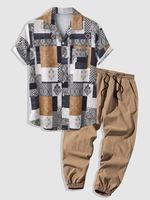 Ensemble de Chemise Plissée Ethnique Imprimée et Pantalon avec Poche Patch à Cordon Taille unique Café