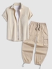 Ensemble de Chemise Poche en Avant Design à Manches Courtes en Velours Côtelé et Pantalon Cargo à Cordon Taille unique Café lumière