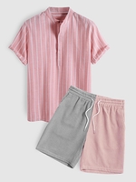 Ensemble de Chemise Rayé à Demi-Bouton et de Short en Velours Côtelé Taille unique Rose clair