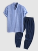 Ensemble de Chemise Rayée à Demi-Bouton et de Pantalon de Jogging Deux Pièces Taille unique Bleu profond