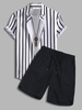 Ensemble de Chemise Rayée à Manches Courtes et de Short à Cordon Taille unique Noir