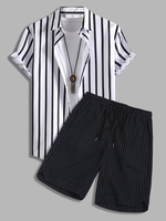 Ensemble de Chemise Rayée à Manches Courtes et de Short à Cordon Taille unique Noir