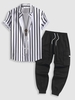 Ensemble de Chemise Rayée Boutonnée avec Poche à Rabat et de Pantalon Cargo Techwear Taille unique Noir