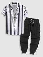 Ensemble de Chemise Rayée Boutonnée avec Poche à Rabat et de Pantalon Cargo Techwear Taille unique Noir