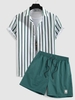 Ensemble DE Chemise Rayée Boutonnée et Short Design à Cordon de Serrage Taille unique Vert