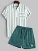 Ensemble de Chemise Rayée Contrastée à Col Debout et de Short à Cordon en Couleur Unie Taille unique Vert clair