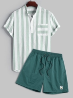 Ensemble de Chemise Rayée Contrastée à Col Debout et de Short à Cordon en Couleur Unie Taille unique Vert clair