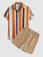 Ensemble de Chemise Rayée en Blocs de Couleurs à Manches Courtes et de Short Décontracté de Base Taille unique Multi a